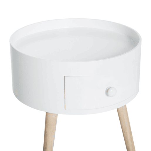 HOMCOM Mesa de Cabeceira com 1 Gaveta Mesa Auxiliar Redonda com Borda Elevada e 3 Pés de Madeira para Dormitório Sala de Estar Estilo Moderno Ø38x45 cm Branco