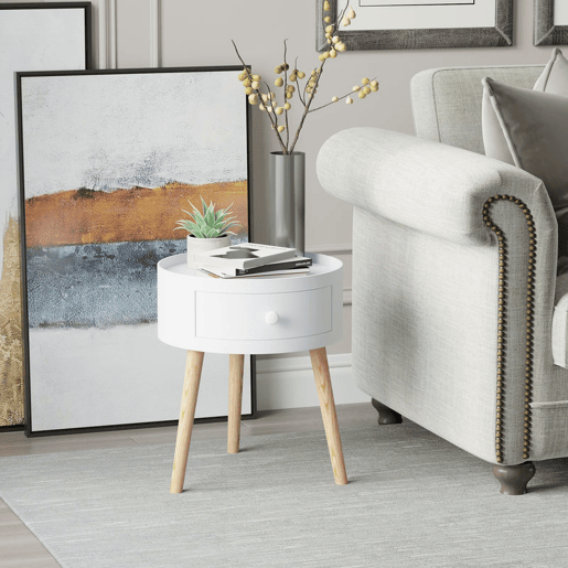 HOMCOM Mesa de Cabeceira com 1 Gaveta Mesa Auxiliar Redonda com Borda Elevada e 3 Pés de Madeira para Dormitório Sala de Estar Estilo Moderno Ø38x45 cm Branco