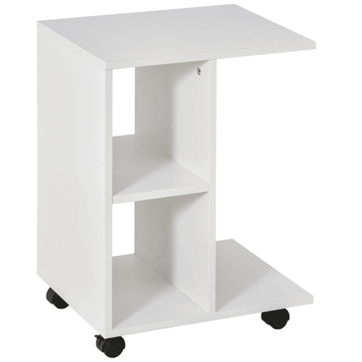 HOMCOM Mesa Auxiliar Moderna Mesa Auxiliar em Forma de C com Rodas e Prateleiras Abertas para Sala de Estar Dormitório 45x35x58 cm Branco