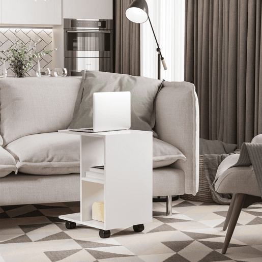 HOMCOM Mesa Auxiliar Moderna Mesa Auxiliar em Forma de C com Rodas e Prateleiras Abertas para Sala de Estar Dormitório 45x35x58 cm Branco