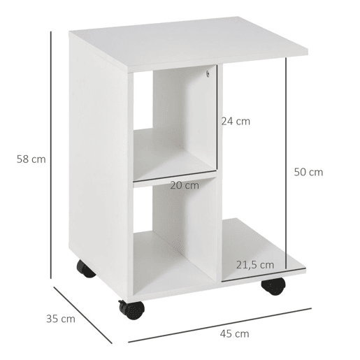 HOMCOM Mesa Auxiliar Moderna Mesa Auxiliar em Forma de C com Rodas e Prateleiras Abertas para Sala de Estar Dormitório 45x35x58 cm Branco