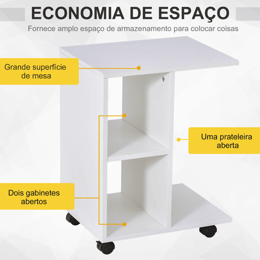 HOMCOM Mesa Auxiliar Moderna Mesa Auxiliar em Forma de C com Rodas e Prateleiras Abertas para Sala de Estar Dormitório 45x35x58 cm Branco