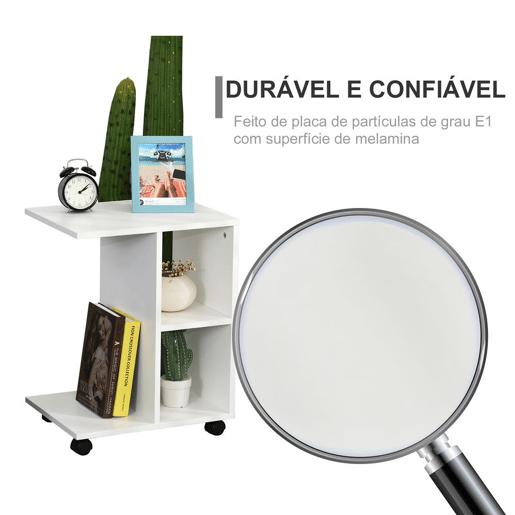 HOMCOM Mesa Auxiliar Moderna Mesa Auxiliar em Forma de C com Rodas e Prateleiras Abertas para Sala de Estar Dormitório 45x35x58 cm Branco