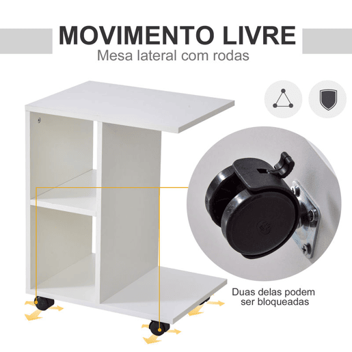 HOMCOM Mesa Auxiliar Moderna Mesa Auxiliar em Forma de C com Rodas e Prateleiras Abertas para Sala de Estar Dormitório 45x35x58 cm Branco