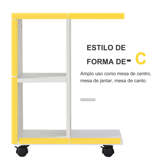 HOMCOM Mesa Auxiliar Moderna Mesa Auxiliar em Forma de C com Rodas e Prateleiras Abertas para Sala de Estar Dormitório 45x35x58 cm Branco