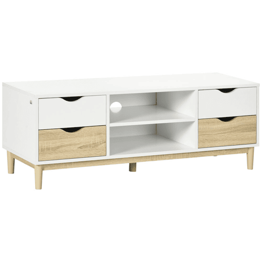 HOMCOM Móvel de TV Móvel para Televisores de até 55 com Prateleiras de Armazenamento e 4 Gavetas para Sala de Estar 120x40x44,5cm Branco e Carvalho HOMCOM Móvel de TV Móvel para Televisores de até 55 com Prateleiras de Armazenamento e 4 Gavetas para Sala de Estar 120x40x44,5cm Branco e Carvalho