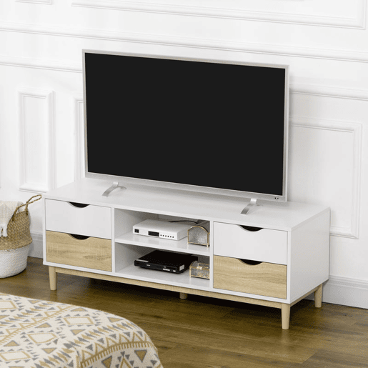 HOMCOM Móvel de TV Móvel para Televisores de até 55 com Prateleiras de Armazenamento e 4 Gavetas para Sala de Estar 120x40x44,5cm Branco e Carvalho HOMCOM Móvel de TV Móvel para Televisores de até 55 com Prateleiras de Armazenamento e 4 Gavetas para Sala de Estar 120x40x44,5cm Branco e Carvalho