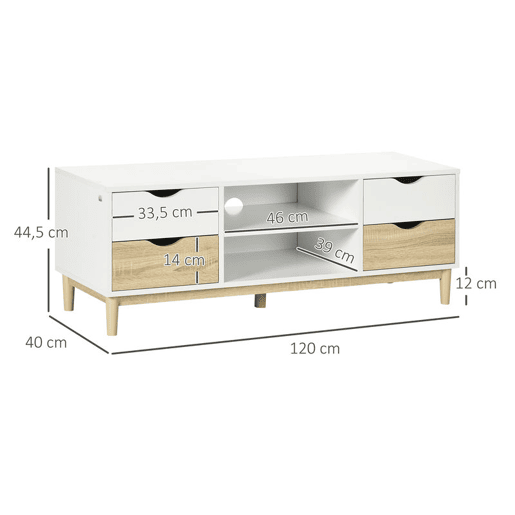 HOMCOM Móvel de TV Móvel para Televisores de até 55 com Prateleiras de Armazenamento e 4 Gavetas para Sala de Estar 120x40x44,5cm Branco e Carvalho HOMCOM Móvel de TV Móvel para Televisores de até 55 com Prateleiras de Armazenamento e 4 Gavetas para Sala de Estar 120x40x44,5cm Branco e Carvalho