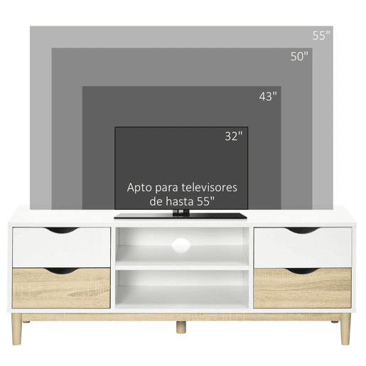 HOMCOM Móvel de TV Móvel para Televisores de até 55 com Prateleiras de Armazenamento e 4 Gavetas para Sala de Estar 120x40x44,5cm Branco e Carvalho HOMCOM Móvel de TV Móvel para Televisores de até 55 com Prateleiras de Armazenamento e 4 Gavetas para Sala de Estar 120x40x44,5cm Branco e Carvalho