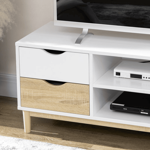 HOMCOM Móvel de TV Móvel para Televisores de até 55 com Prateleiras de Armazenamento e 4 Gavetas para Sala de Estar 120x40x44,5cm Branco e Carvalho HOMCOM Móvel de TV Móvel para Televisores de até 55 com Prateleiras de Armazenamento e 4 Gavetas para Sala de Estar 120x40x44,5cm Branco e Carvalho