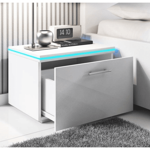 Mesa de cabeceira Quarto de dormir Branco 50x45x36,5 1 gaveta LED Victoria Muebles Bonitos