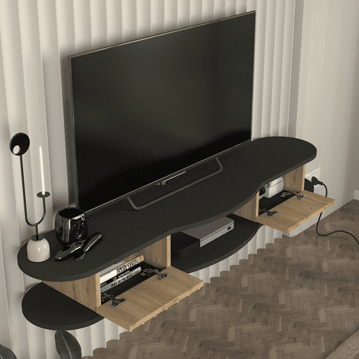 Mesa suspensa para TV Nyskiri com compartimentos 150x35x19 cm antracitecarvalho en.casa