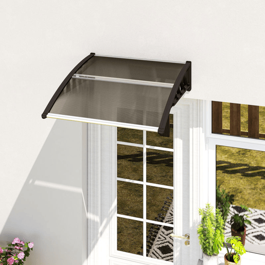 Outsunny Marquise Exterior para Portas e Janelas, 103x96,5 cm, Cobertura de Proteção contra Sol e Chuva, com Painel de Policarbonato, Suportes de PP e Barra de Alumínio, Castanho