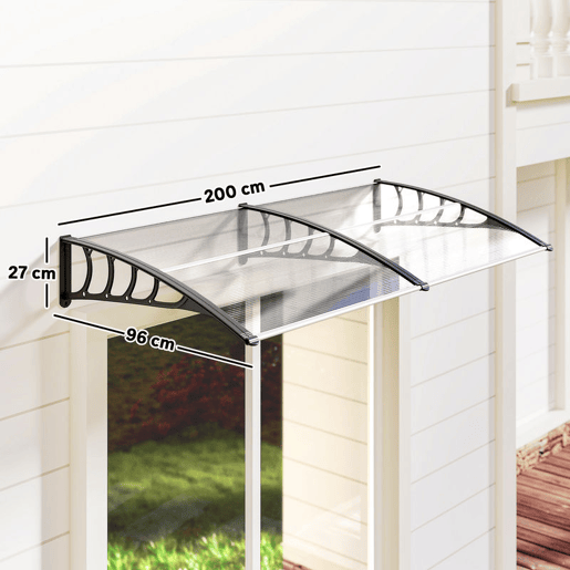 Outsunny Marquise Exterior para Portas e Janelas, 200x96 cm, Cobertura de Proteção contra Sol e Chuva, com Placa de Policarbonato, Suportes de PP e Reglete de Alumínio, Transparente