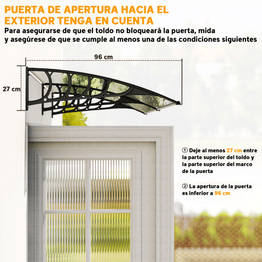 Outsunny Marquise Exterior para Portas e Janelas, 200x96 cm, Cobertura de Proteção contra Sol e Chuva, com Placa de Policarbonato, Suportes de PP e Reglete de Alumínio, Transparente