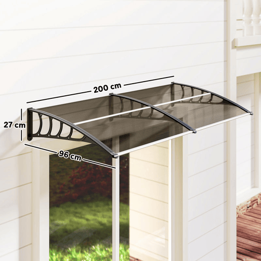 Outsunny Marquise Exterior para Portas e Janelas, 200x96 cm, Cobertura de Proteção contra Sol e Chuva, com Painel de Policarbonato, Suportes de PP e Barra de Alumínio, Castanho