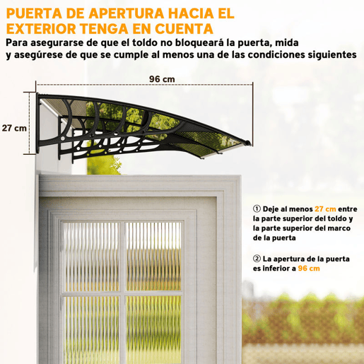 Outsunny Marquise Exterior para Portas e Janelas, 200x96 cm, Cobertura de Proteção contra Sol e Chuva, com Painel de Policarbonato, Suportes de PP e Barra de Alumínio, Castanho