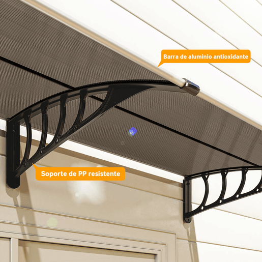 Outsunny Marquise Exterior para Portas e Janelas, 200x96 cm, Cobertura de Proteção contra Sol e Chuva, com Painel de Policarbonato, Suportes de PP e Barra de Alumínio, Castanho