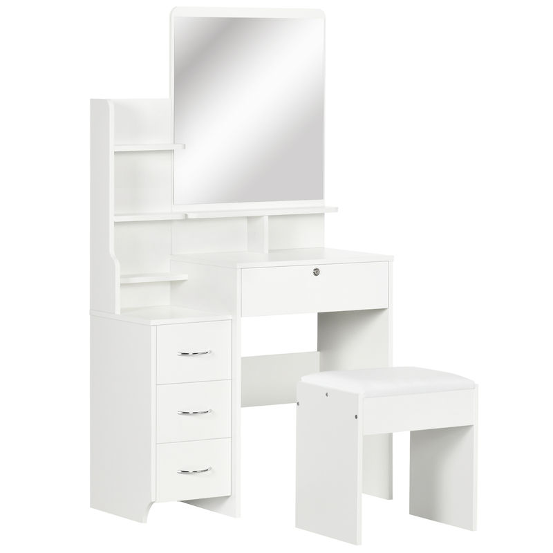 Homcom tocador de maquillaje con taburete, tocador con espejo, 4 cajones, estantes, compartimentos abiertos, estilo moderno, para dormitorio, vestidor