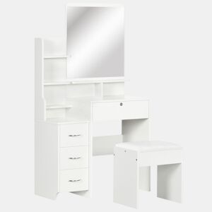 HOMCOM Toucador de Maquilhagem com Banco e Espelho Mesa de Maquilhagem com 4 Gavetas 4 Compartimentos de Armazenamento Estilo Moderno 80x38x143cm Branco