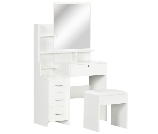 Homcom tocador de maquillaje con taburete, tocador con espejo, 4 cajones, estantes, compartimentos abiertos, estilo moderno, para dormitorio, vestidor
