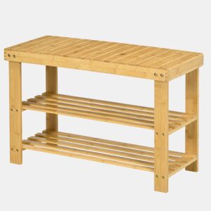 HOMCOM Banco Sapateira de Bambu Sapateira com Assento Organizador de Sapatos com 2 Prateleiras para 6-9 Pares de Sapatos para Entrada Sala de Estar Dormitório 70x28x45 cm Madeira