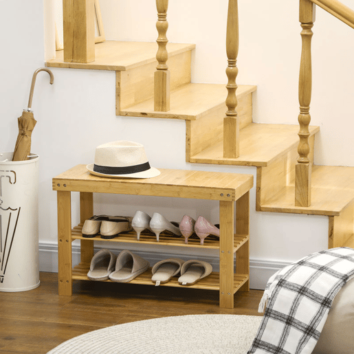 HOMCOM Banco Sapateira de Bambu Sapateira com Assento Organizador de Sapatos com 2 Prateleiras para 6-9 Pares de Sapatos para Entrada Sala de Estar Dormitório 70x28x45 cm Madeira