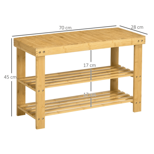 HOMCOM Banco Sapateira de Bambu Sapateira com Assento Organizador de Sapatos com 2 Prateleiras para 6-9 Pares de Sapatos para Entrada Sala de Estar Dormitório 70x28x45 cm Madeira