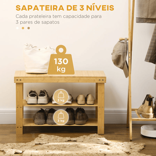 HOMCOM Banco Sapateira de Bambu Sapateira com Assento Organizador de Sapatos com 2 Prateleiras para 6-9 Pares de Sapatos para Entrada Sala de Estar Dormitório 70x28x45 cm Madeira