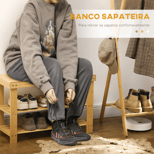 HOMCOM Banco Sapateira de Bambu Sapateira com Assento Organizador de Sapatos com 2 Prateleiras para 6-9 Pares de Sapatos para Entrada Sala de Estar Dormitório 70x28x45 cm Madeira