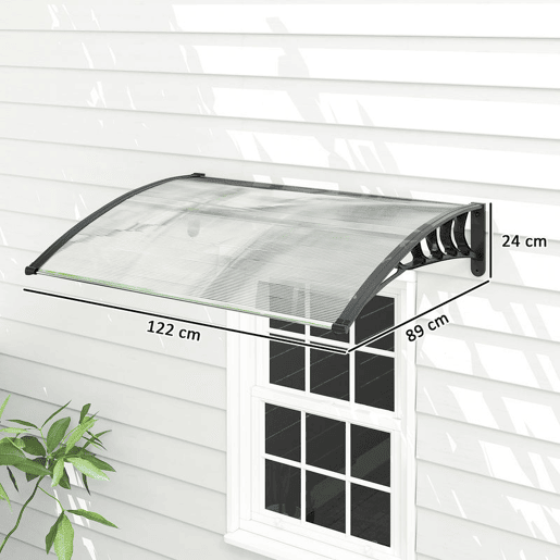 Outsunny Marquise de Proteção 122x89 cm para Portas e Janelas Contra Sol e Chuva Telhado de Proteção com Desenho Moderno Transparente e Preto