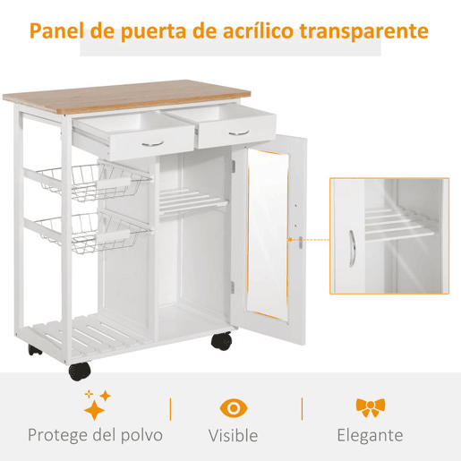 HOMCOM Carrinho de Cozinha de Bambu 70x37x85 cm