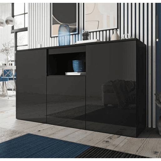 Aparador Sala de estar e jantar Preto 140x40x80 3 portas Nevada Muebles Bonitos