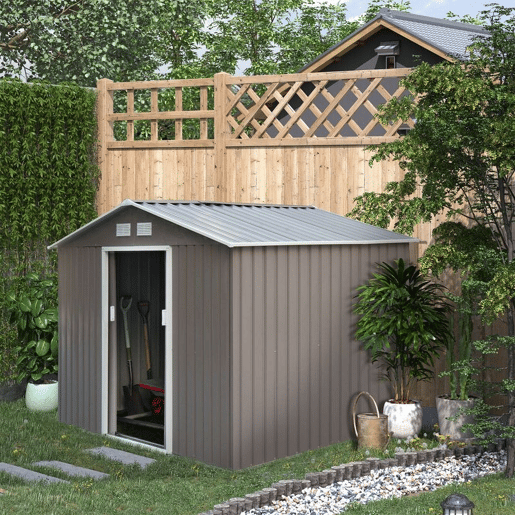 Outsunny Abrigo de Jardim Exterior 4,83m² 277x195x192cm Abrigo e Jardim Metálico para Armazenamento de Ferramentas com Base de Reforço Incluída e 4 Janelas Cinza