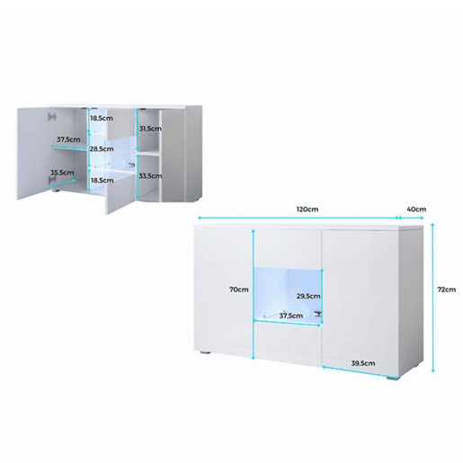 Aparador Sala de estar e jantar Branco 120x40x72 3 portas LED Luke A2 Muebles Bonitos