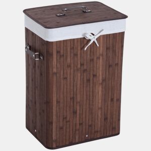 HOMCOM Cesto de Roupa Suja Dobrável com Tampa 67L, Cesto de Roupa em Bambu, 2 Compartimentos, Saco Removível, para Quarto, Casa de Banho, Lavandaria, 40x30x60 cm, Castanho