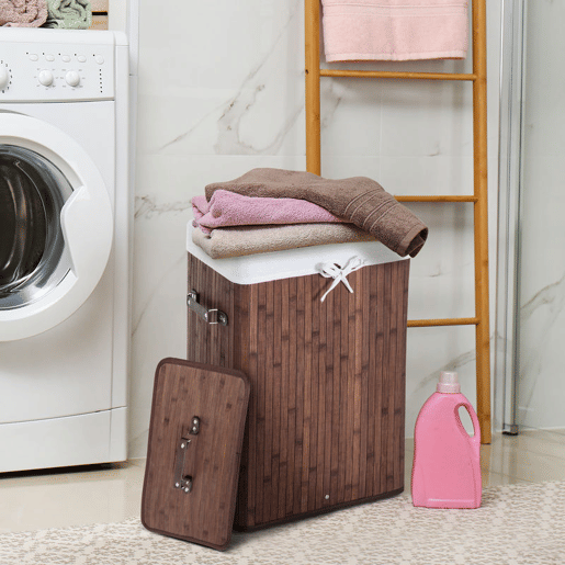 HOMCOM Cesto de Roupa Suja Dobrável com Tampa 67L, Cesto de Roupa em Bambu, 2 Compartimentos, Saco Removível, para Quarto, Casa de Banho, Lavandaria, 40x30x60 cm, Castanho
