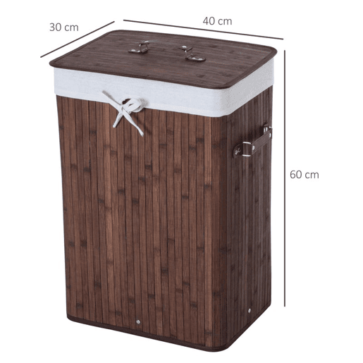 HOMCOM Cesto de Roupa Suja Dobrável com Tampa 67L, Cesto de Roupa em Bambu, 2 Compartimentos, Saco Removível, para Quarto, Casa de Banho, Lavandaria, 40x30x60 cm, Castanho