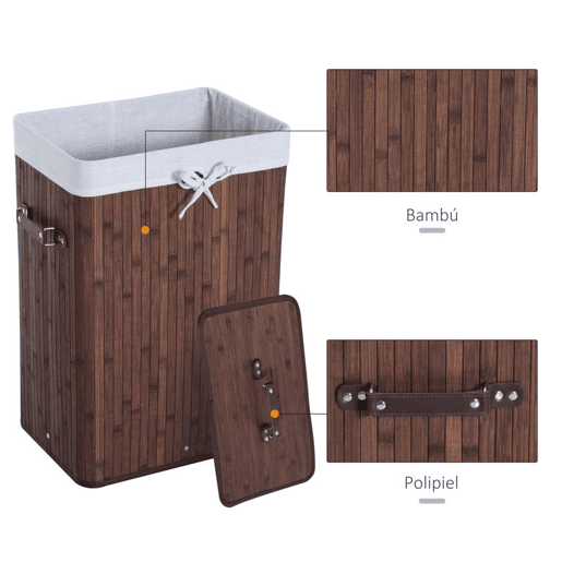 HOMCOM Cesto de Roupa Suja Dobrável com Tampa 67L, Cesto de Roupa em Bambu, 2 Compartimentos, Saco Removível, para Quarto, Casa de Banho, Lavandaria, 40x30x60 cm, Castanho