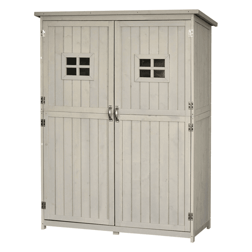 Outsunny Abrigo de Jardim para Ferramentas Armário de Madeira para Exterior com Prateleira Dupla Porta Janelas e Teto Asfáltico 127,5x50x164cm Cinza