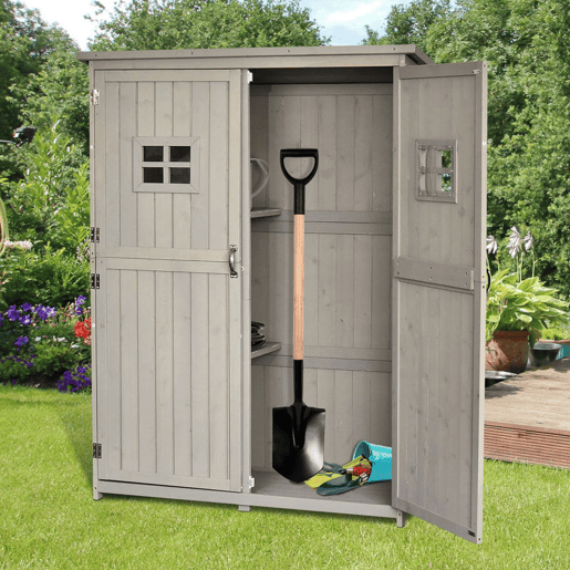 Outsunny Abrigo de Jardim para Ferramentas Armário de Madeira para Exterior com Prateleira Dupla Porta Janelas e Teto Asfáltico 127,5x50x164cm Cinza