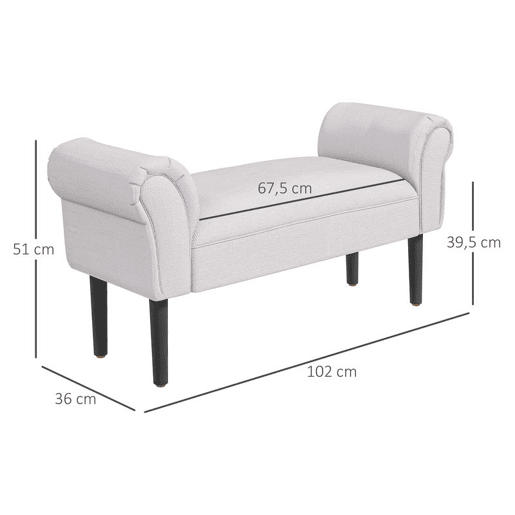 HOMCOM Banco de Pé de Cama Banco com Braços Curvados Estofado e Pés de Madeira para Dormitório Entrada Sala de Estar Carga Máxima 130kg 102x31x51cm Cinza