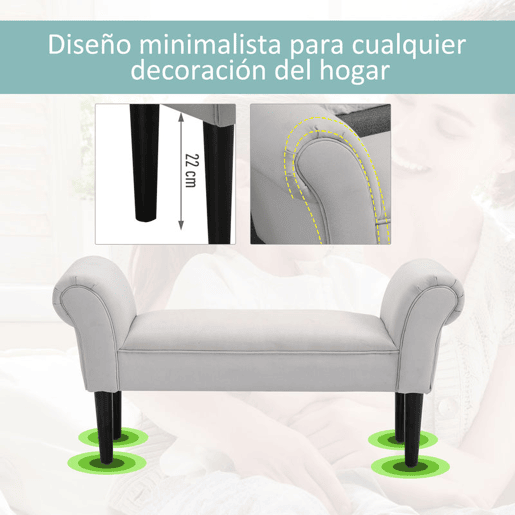 HOMCOM Banco de Pé de Cama Banco com Braços Curvados Estofado e Pés de Madeira para Dormitório Entrada Sala de Estar Carga Máxima 130kg 102x31x51cm Cinza
