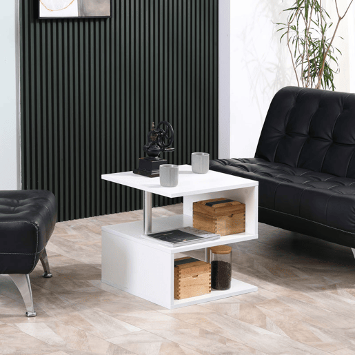 HOMCOM Mesa de Centro Mesa Auxiliar de Sala de Estar com Forma de S Compartimentos Abertos 2 Níveis Desenho Elegante 50x50x50cm Branco