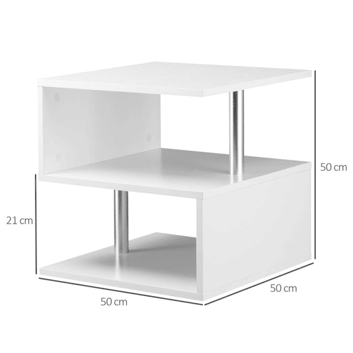 HOMCOM Mesa de Centro Mesa Auxiliar de Sala de Estar com Forma de S Compartimentos Abertos 2 Níveis Desenho Elegante 50x50x50cm Branco