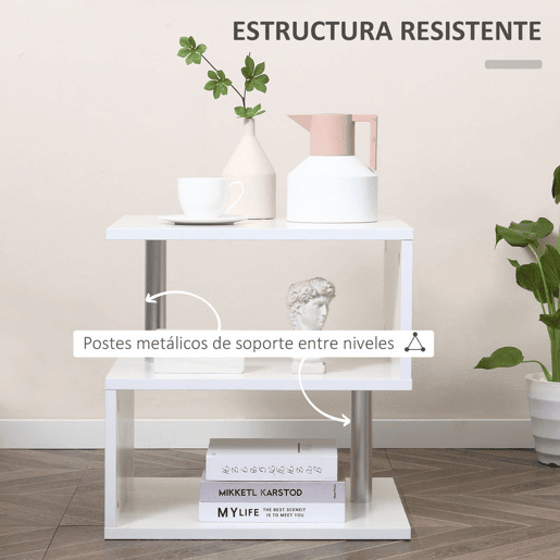 HOMCOM Mesa de Centro Mesa Auxiliar de Sala de Estar com Forma de S Compartimentos Abertos 2 Níveis Desenho Elegante 50x50x50cm Branco