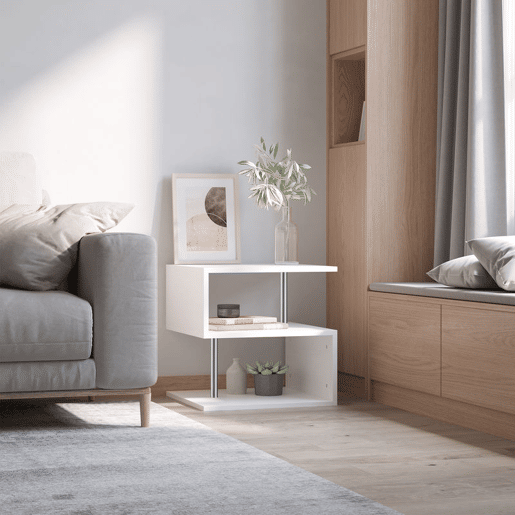 HOMCOM Mesa de Centro Mesa Auxiliar de Sala de Estar com Forma de S Compartimentos Abertos 2 Níveis Desenho Elegante 50x50x50cm Branco