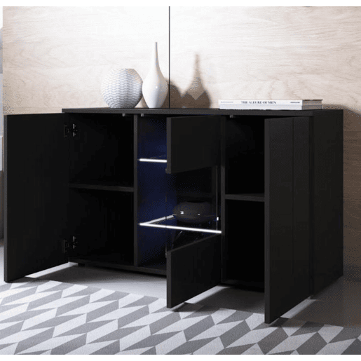 Aparador Sala de estar e jantar Preto 120x40x72 3 portas LED Luke A2 Muebles Bonitos