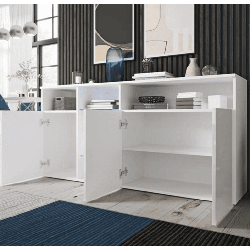 Aparador Sala de estar e jantar Branco 150x35x70 3 portas LED Clark Muebles Bonitos