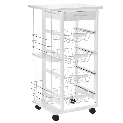 HOMCOM Carrinho de Cozinha com Rodas Carrinho Auxiliar com Gaveta 4 Cestas Amovíveis de Metal e Prateleiras Laterais 47x37x83 cm Branco